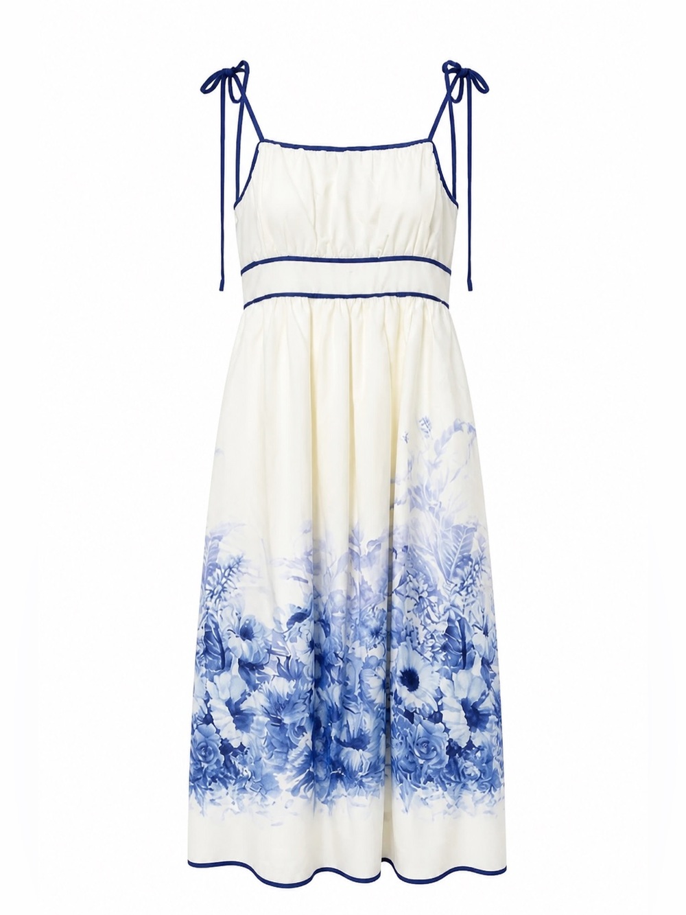 White Blue Floral Porcelain Print Tie Strap Midi Dress Cottagecore Romantic.Sz M